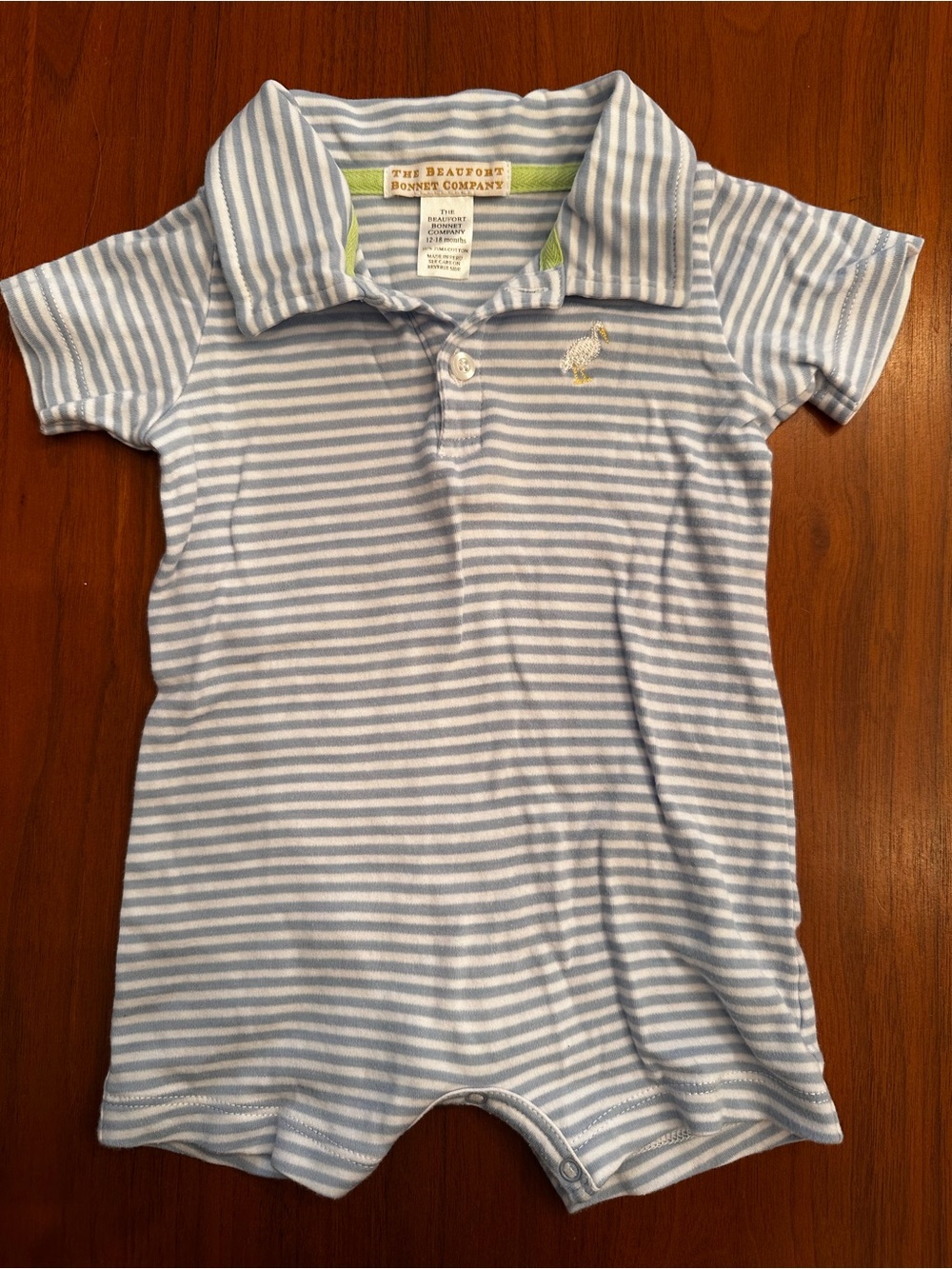 The Beaufort Bonnet Company Light Blue Stripe Polo Romper size 12-18 months